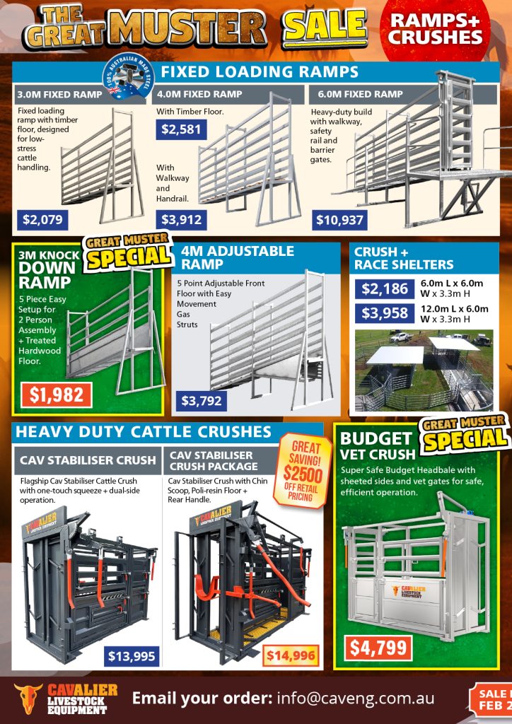 Cavalier Livestock Equipment – Great Muster Sale Ramps and Crushes Great Muster Sale fixed loading ramps and cattle crushes from Cavalier Livestock Equipment